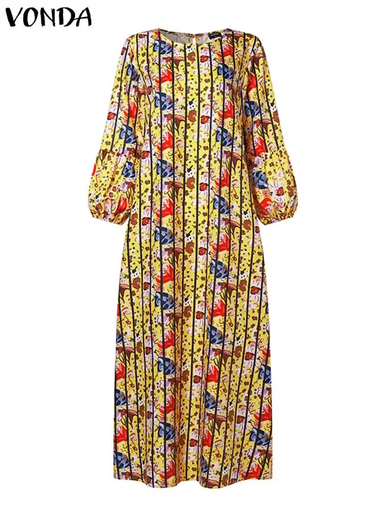 VONDA Plus Size 5XL Bohemian Women Printed Maxi Dress 2023 Autumn Lantern Sleeve Printed Casual Loose Sundress Vintage Vestidos
