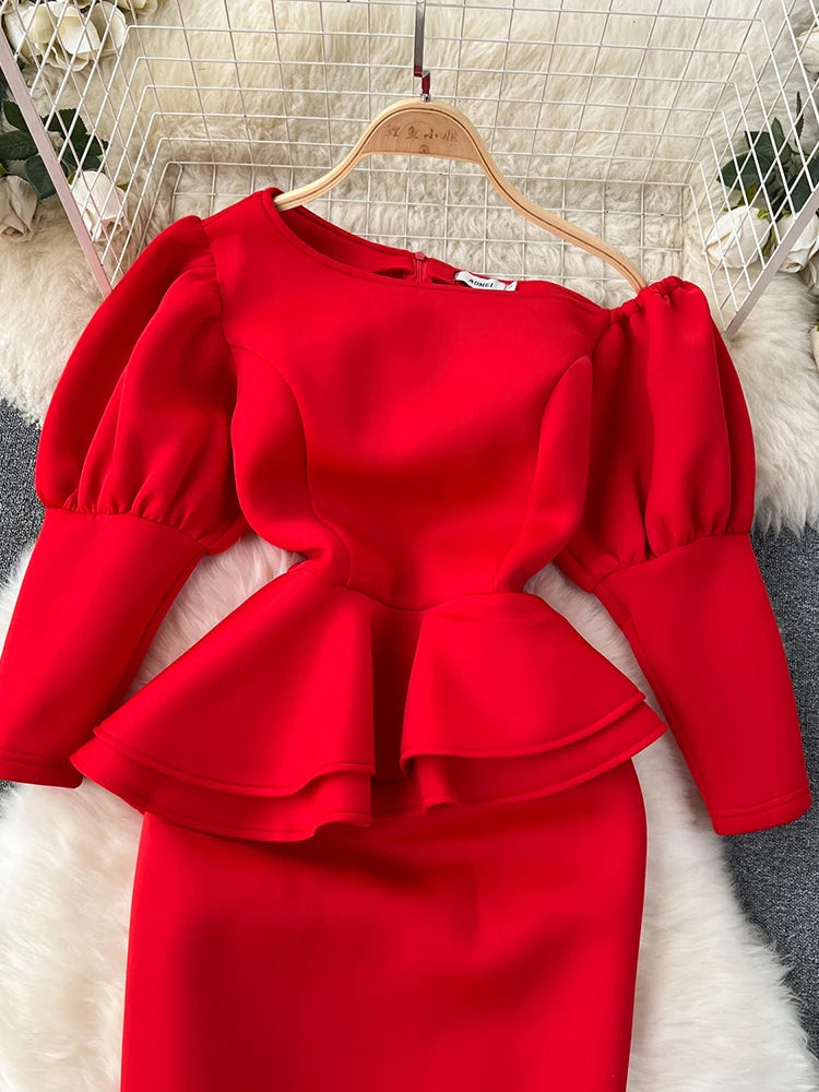 Red Party Dress with Puff Sleeve - Korean Fashion 2024
