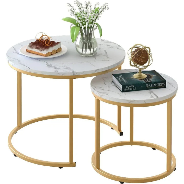 Transform Your Living Space with Elegant Nesting Coffee Tables - Golden Frame, Marble Pattern, Easy Assembly & Friendly Service!