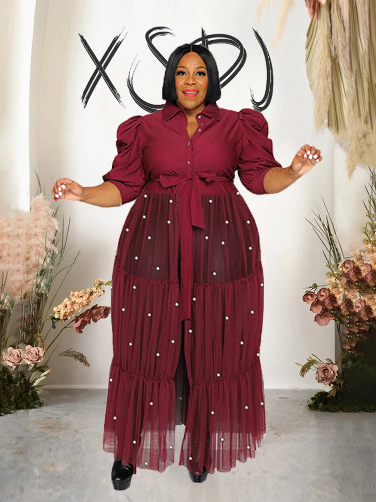 Sexy Mesh Dress with Pearls - Plus Size