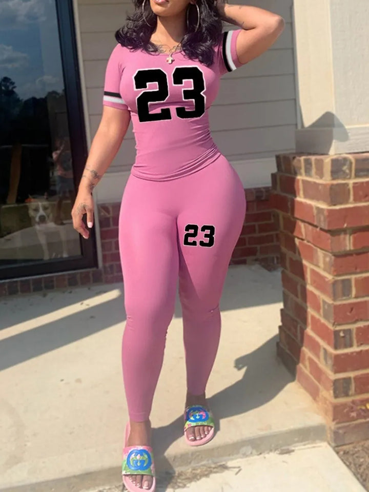 Digital Print Plus Size Tracksuit Set - Short Sleeve Sweatshirt & Skinny Pants