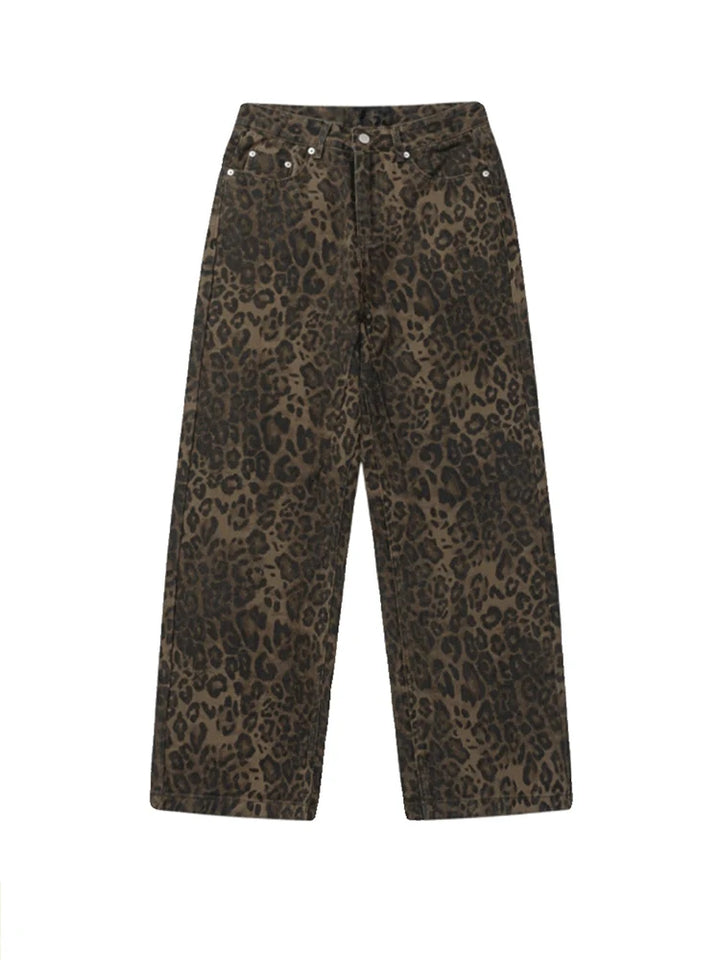 Get Ready to Roar in These Y2K Leopard Print Jeans - Perfect for Streetwear!