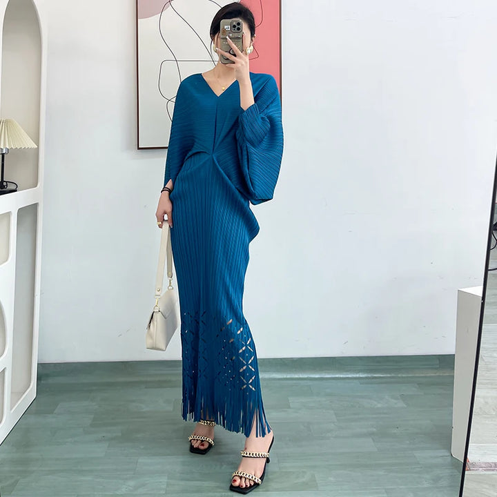 Elegant Pleated Tassel Maxi Dress for Women - Summer 2023 Party Prom - Bat Sleeve - 5 Colors