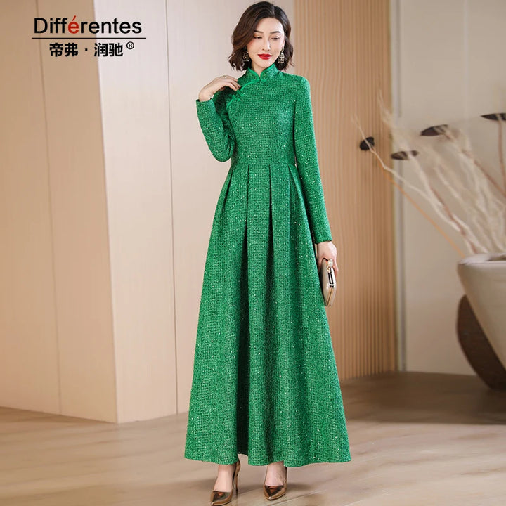 Green Chinese-Style Long Dress for Autumn Events - 3cm Error