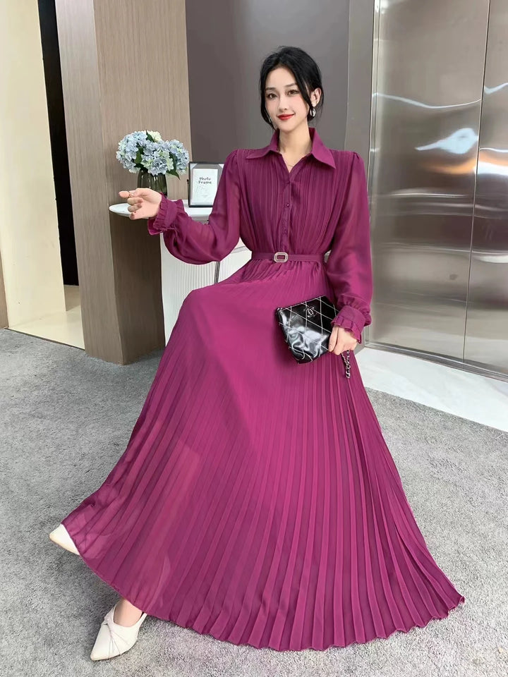 Spring Autumn Women's Fashion Chiffon Pleated Dress