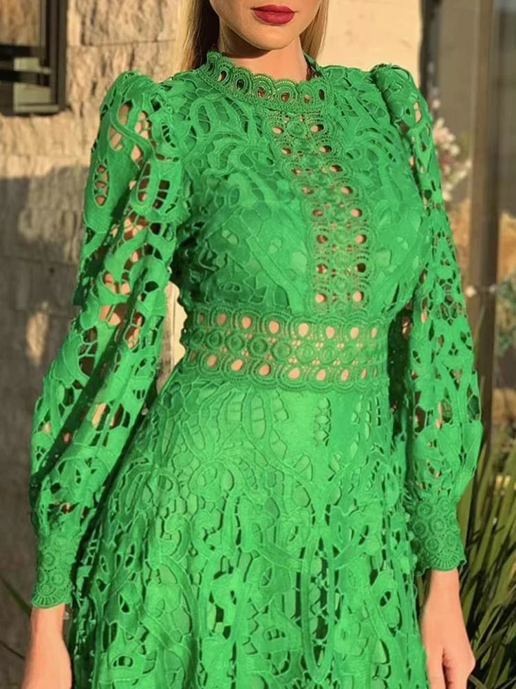Vintage Lace Panel Dress for Women - High Waist, Stand Collar, Long Sleeve - Spring Fashion