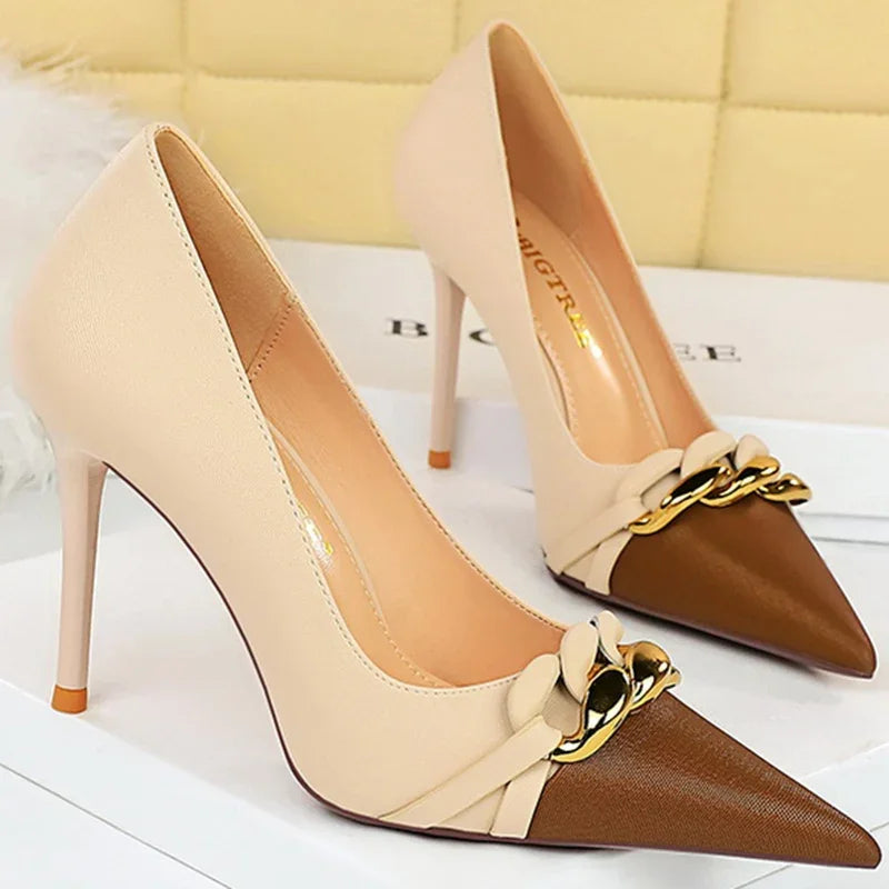 Stylish 9.5cm High Heel Wedding Pumps with Metal Chain - Perfect for Evening Events!