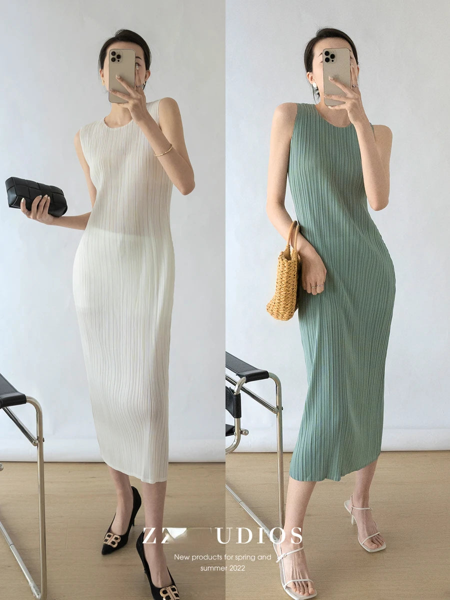 2023 Summer Miyake Pleated Tank Top Dress - High Grade, Solid Color, Sleeveless