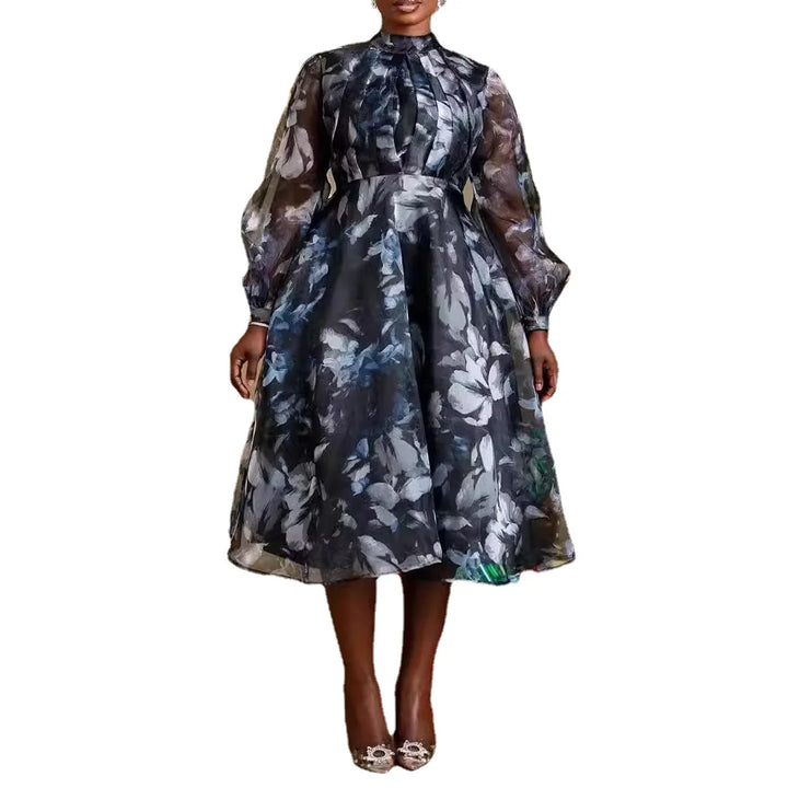 Women Printed Dress Floral Long Tulle Sleeves Midi High Waist A Line Pleated African Female Gowns Elegant Office Ladies Spring