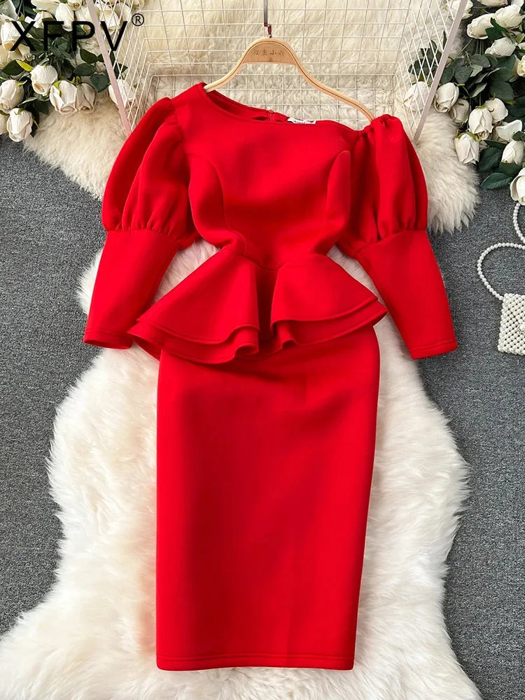 Red Party Dress with Puff Sleeve - Korean Fashion 2024
