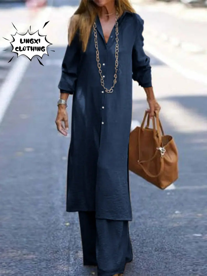 Upgrade Your Autumn Style with Our Long Sleeve Shirt and Wide Leg Pants Set - Sizes Up to Large!