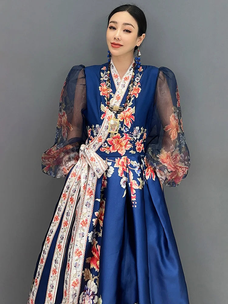 SHENGPALAE Loose Versatile V-neck Printed Long Dress With Bow Tie Irregular Dresses For Women 2024 Summer Trendy Clothes 5C1312