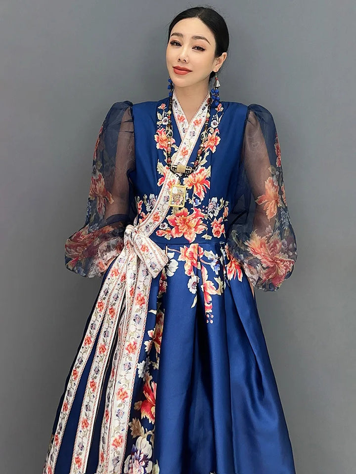 SHENGPALAE Loose Versatile V-neck Printed Long Dress With Bow Tie Irregular Dresses For Women 2024 Summer Trendy Clothes 5C1312