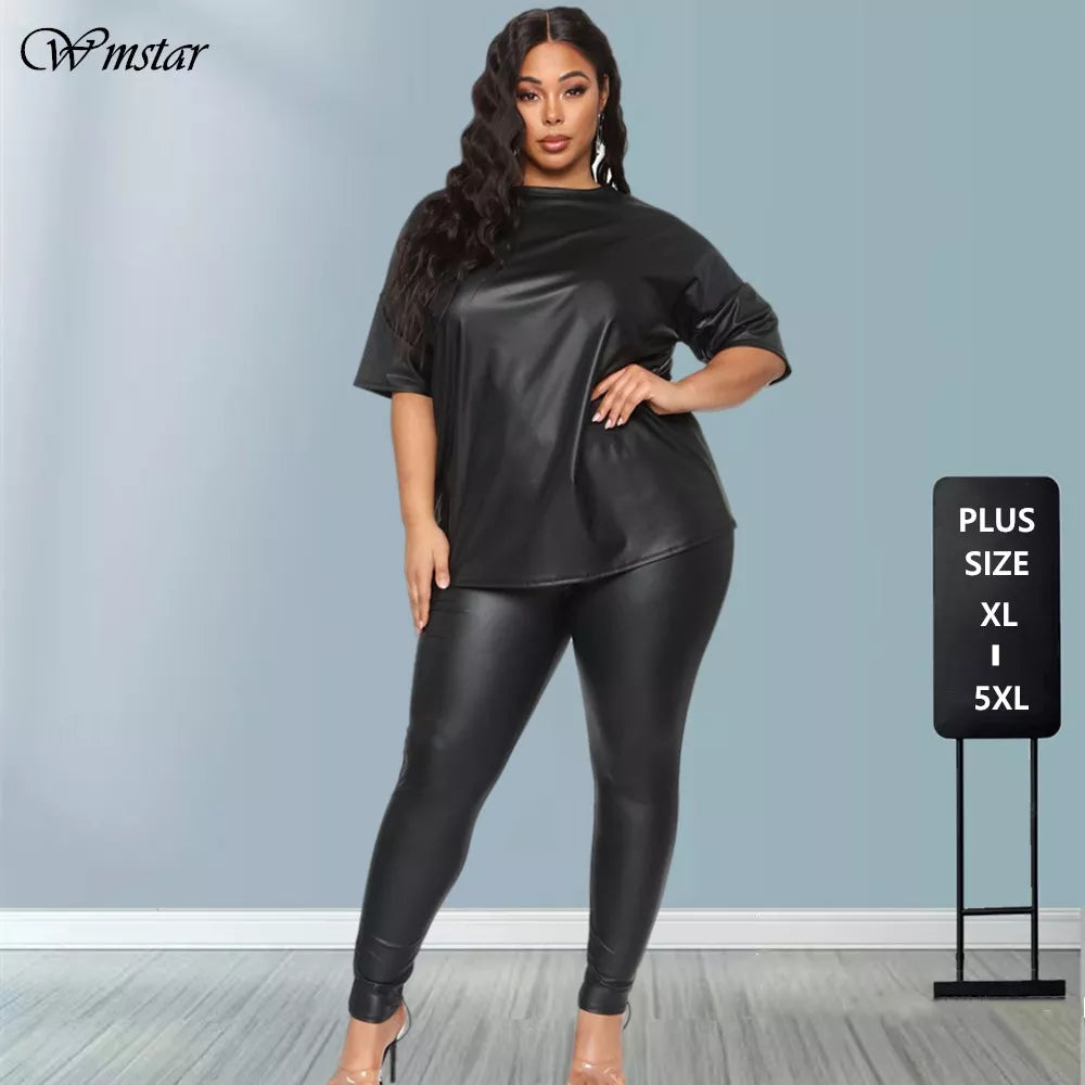 PU Two Piece Plus Size Women Pants Sets Fashion Streetwear Half Sleeve Black Tshirt  Elastic Waist Pants Wholesale Dropshipping