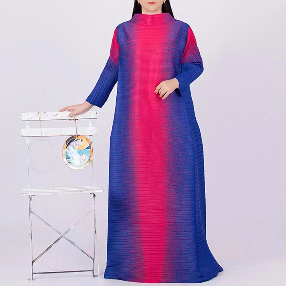 ANLAN Pleated Maxi Dress - Contrast Color O-Neck Long Sleeve - 2024 New Collection - One Size (Unit:cm)