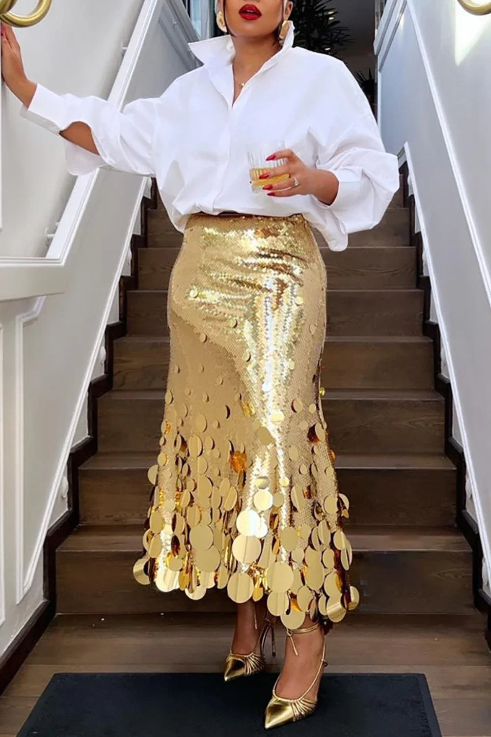 Women's Plus Size Formal Skirts Elegant Gold Long Sequin Party Club Evening High Waist Skirts Female Casual Cocktail Skirts