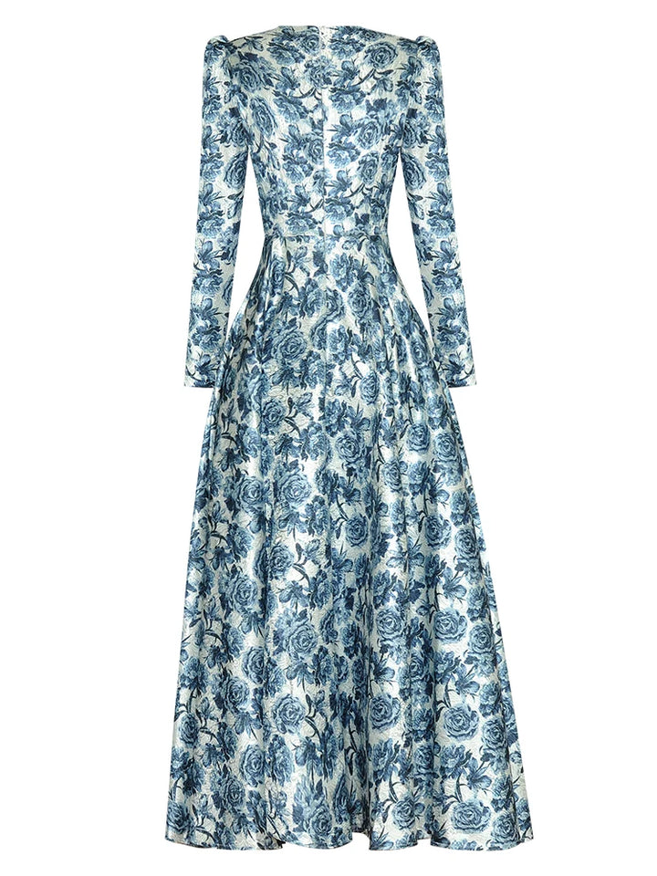 Elegant A-Line Midi Dress for Women - Vintage Jacquard Flowers - Fast Shipping