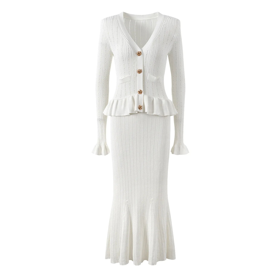 Elegant V Neck Ruffles Knit Sweater Dress