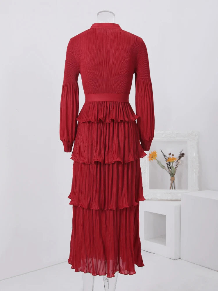 LANMREM Pleated Dress with Stand Collar