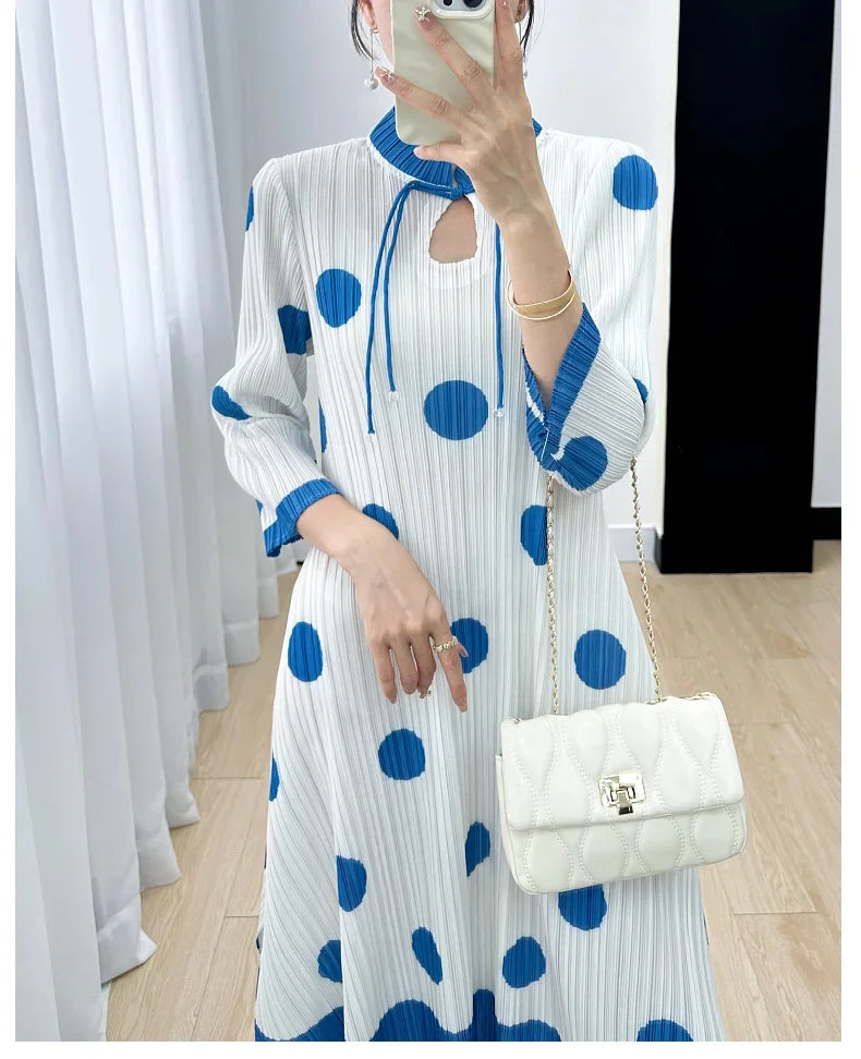 2023 Autumn Polka Dot Dress | Elegant Stand Collar | Three-quarter Sleeves | Sizes 90-120cm | Miyake Fashion