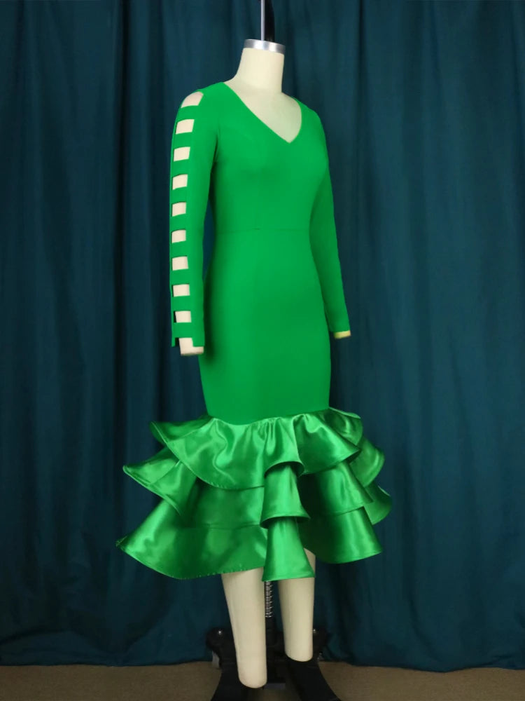 2023 Spring Mermaid Bodycon Dress with Cut-Out Ruffles - AOMEI Long Green Party Dress