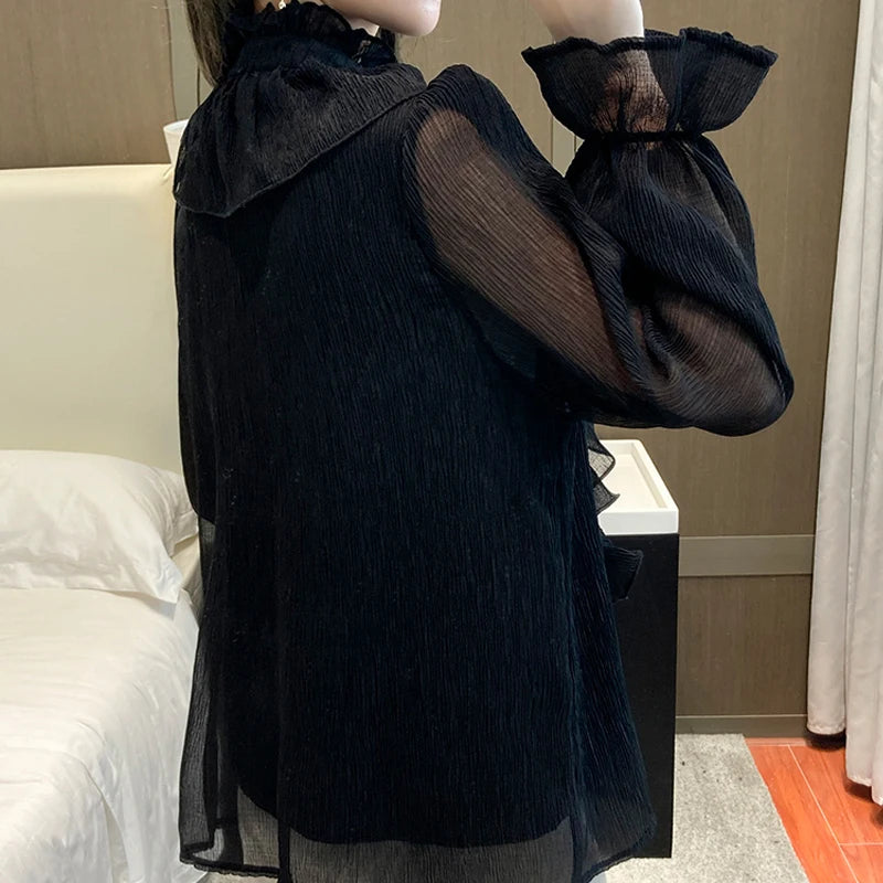 Chic Vintage Lace Blouse - Elegant Spring Stand Collar Chiffon Shirt for Women