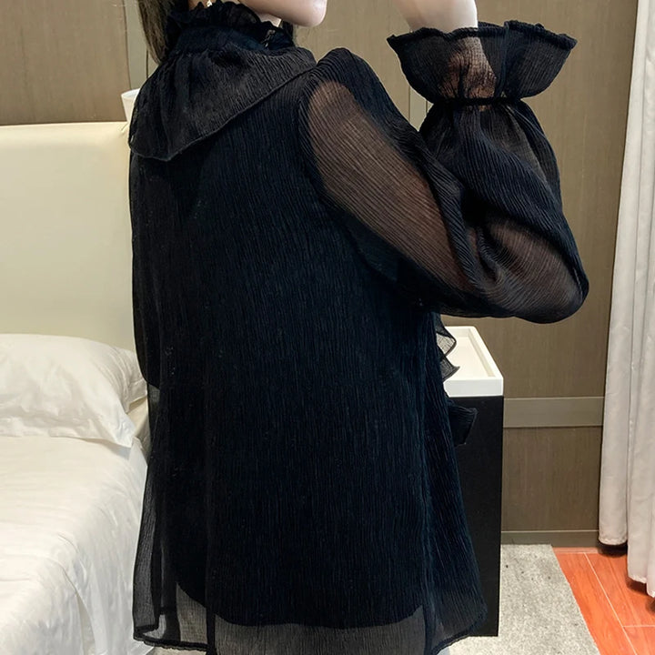 Chic Vintage Lace Blouse - Elegant Spring Stand Collar Chiffon Shirt for Women