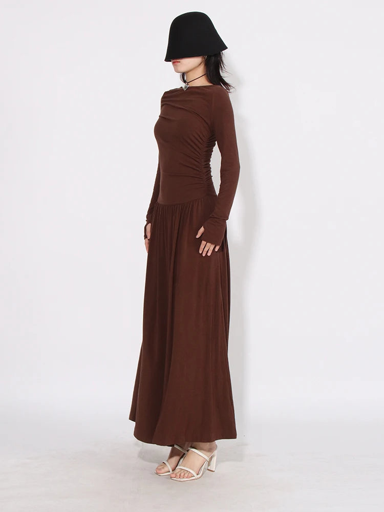 CHICEVER Patchwork Slimming Dress - Round Neck, Long Sleeve, High Waist - Women's Minimalist Style