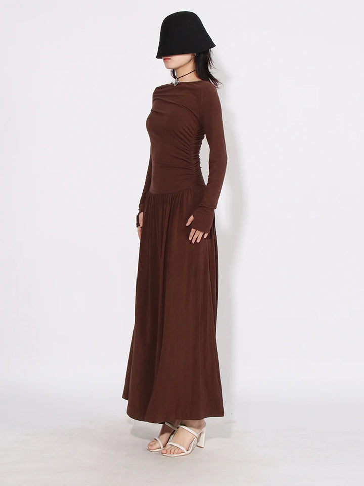 CHICEVER Patchwork Slimming Dress - Round Neck, Long Sleeve, High Waist - Women's Minimalist Style