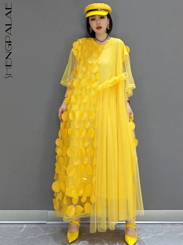 2024 Spring Trend: SHENGPALAE Elegant Yellow Dress for Women - O-Neck, Short Sleeve, Mesh Spliced - Y2K Clothes Vestido