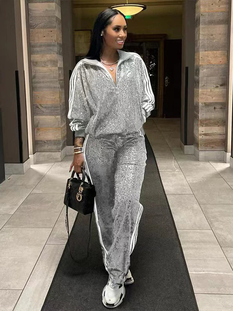 Sequin Two-Piece Set: Winter Nightclub Sport Suit for Casual Elegance