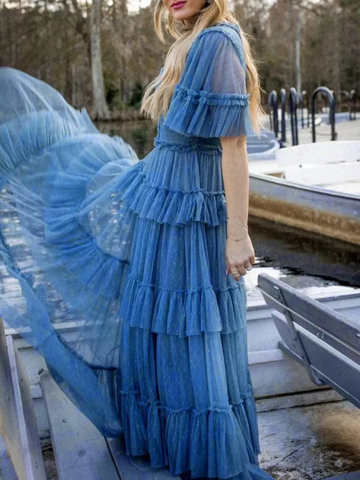 Vintage High Waist Mesh Dress: Round Neck, Short Sleeve, Tiered Design - Women's Fashion