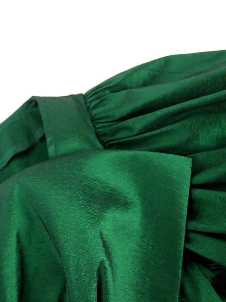 Puff Sleeve Ball Gown Dresses Plus Size Elegant Ladies High Waist Pleated Dark Green Ruffles Shiny Midi Evening Party Outfits