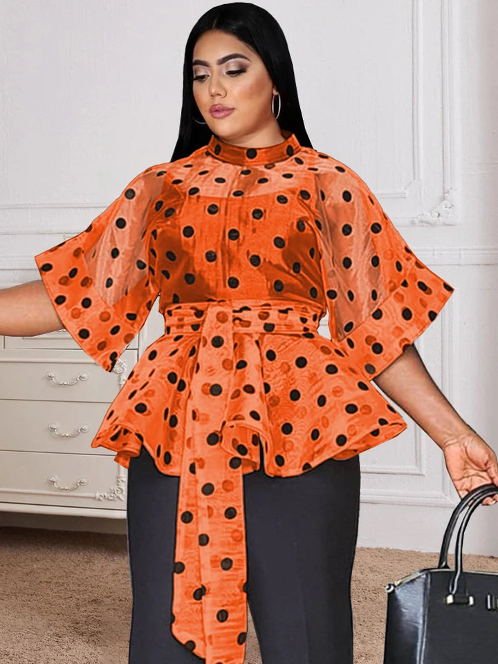 Stylish Polka Dot Organza Blouse with Belt - Perfect for Evening Parties and Plus Size Women