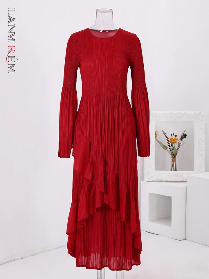 LANMREM Elegant Pleated Dress Women