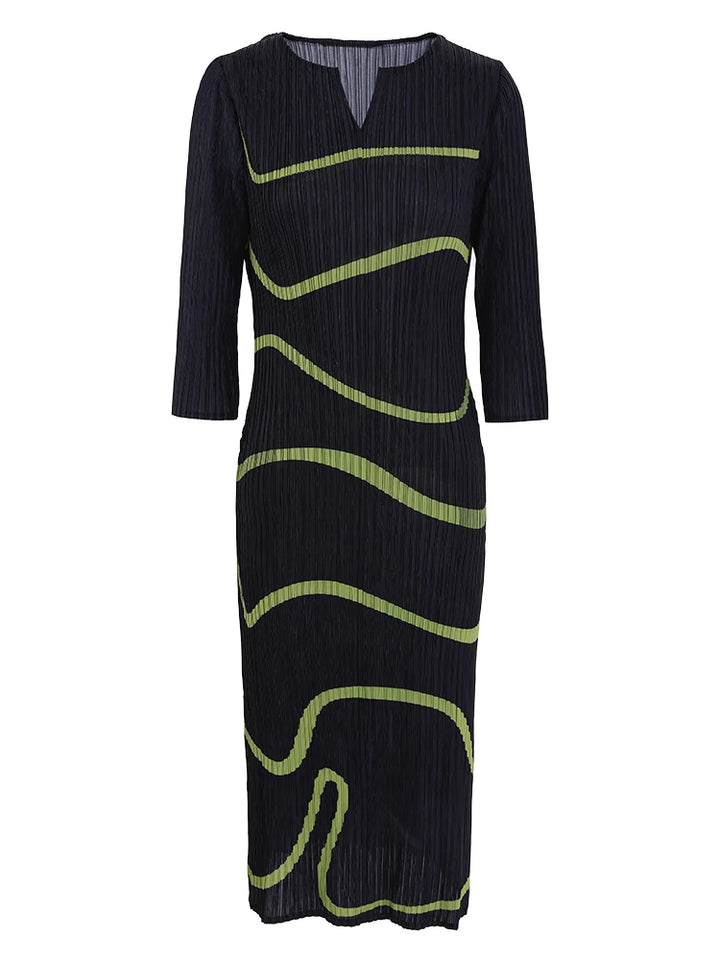 LANMREM Striped Pleated Dress | V Neck | Long Sleeves | Slim Fit | Contrast Color | 2024 Fashion | One Size