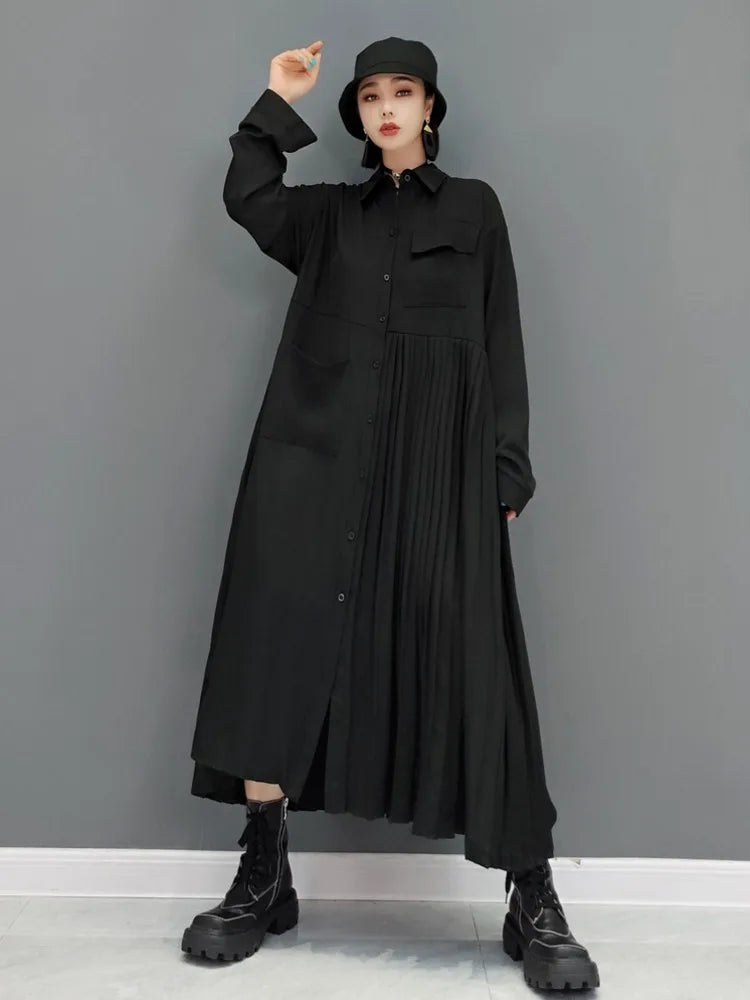 Stylish Solid Color Robe Dress for Women - Autumn 2024 Fashion - Long Sleeve, Pleated, Turn-Down Collar