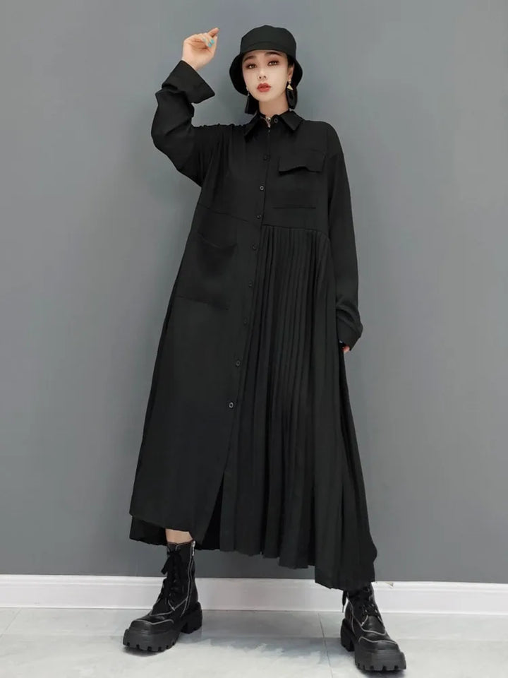 Stylish Solid Color Robe Dress for Women - Autumn 2024 Fashion - Long Sleeve, Pleated, Turn-Down Collar