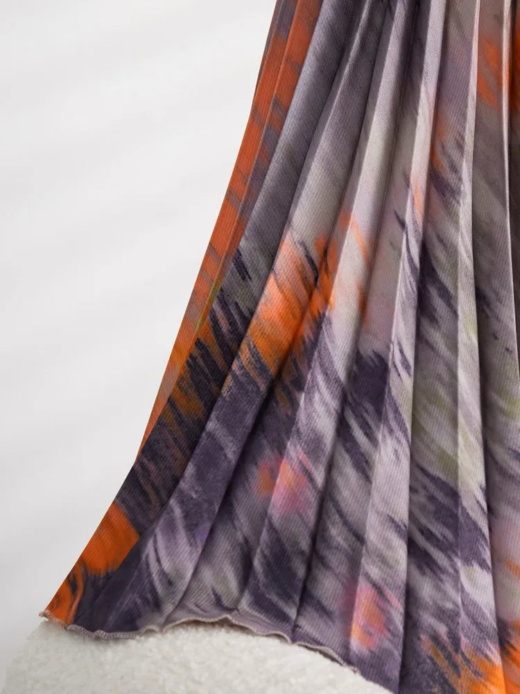 LANMREM 2024 New Printed Pleated 2 Pieces Skirt Set Women's Turtleneck Long Sleeves Slim Tops High Elastic Waist Skirts 2YA648