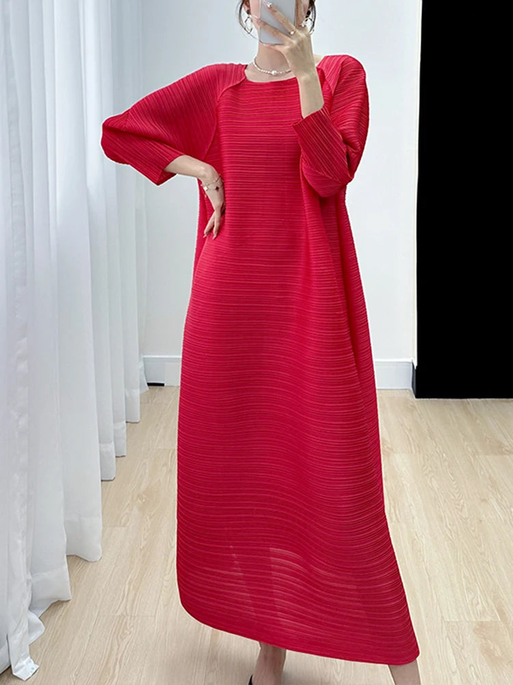 Miyake Pleated Full Sleeve Dress Women's 2023 Summer Korean Fashion Simple Round Neck Long Plus Size Medium Long Dress