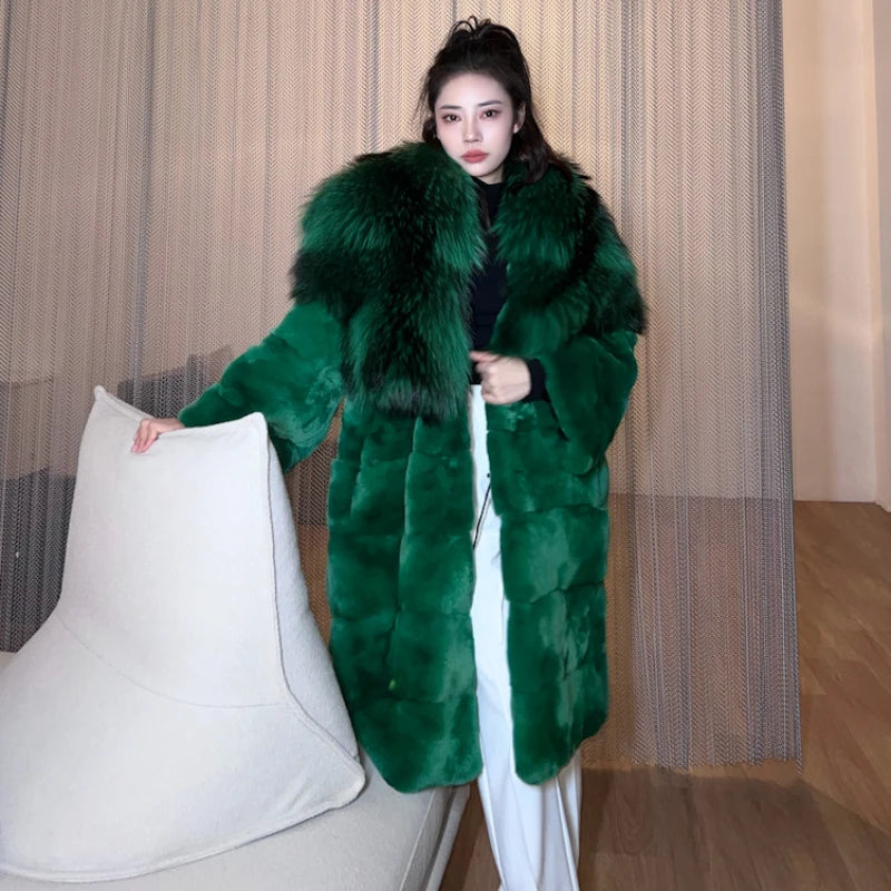 Hot Sales 2023 whole New Imported Light Luxury Fluffy Full Rex Rabbit Fur Jacket Raccoon Fur Collar mid-length Women Fur Coat