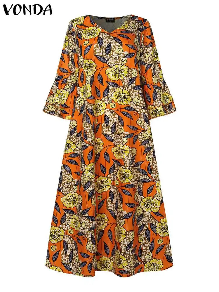 Bohemian Floral Maxi Dress - V-Neck, Long Sleeve, Ruffled, Vintage Style - 2024 Fashion