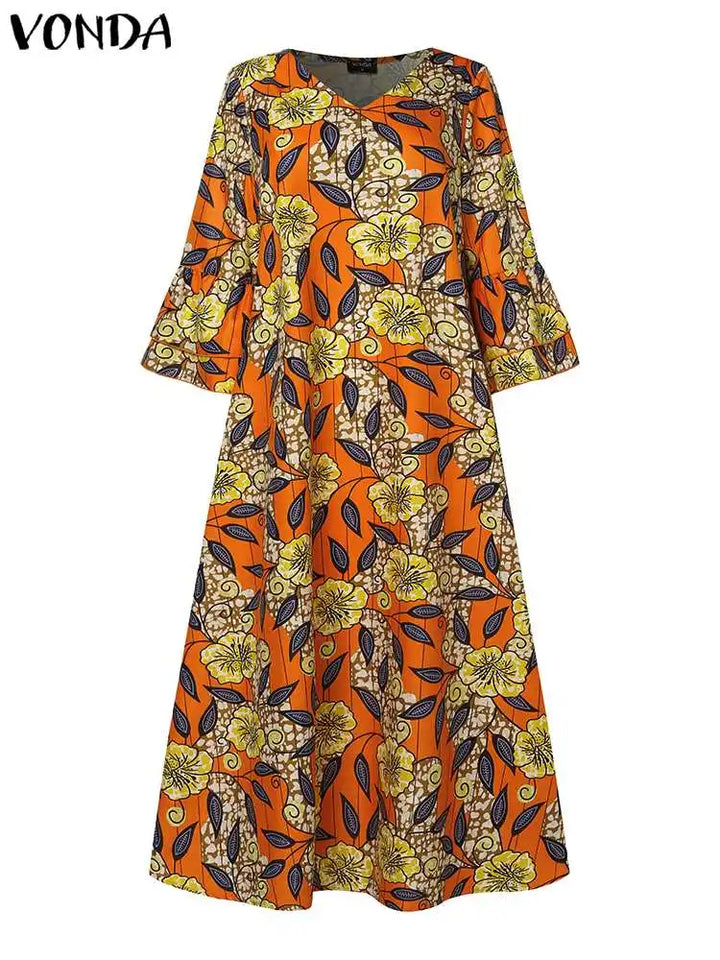 Bohemian Floral Maxi Dress - V-Neck, Long Sleeve, Ruffled, Vintage Style - 2024 Fashion