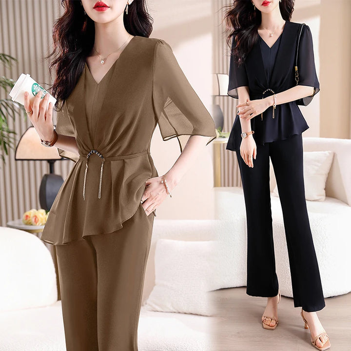 Upgrade Your Office Wardrobe with Chic Two-Piece Sets for Women: V-Neck Tunic Shirt + High-Waist Cropped Pants