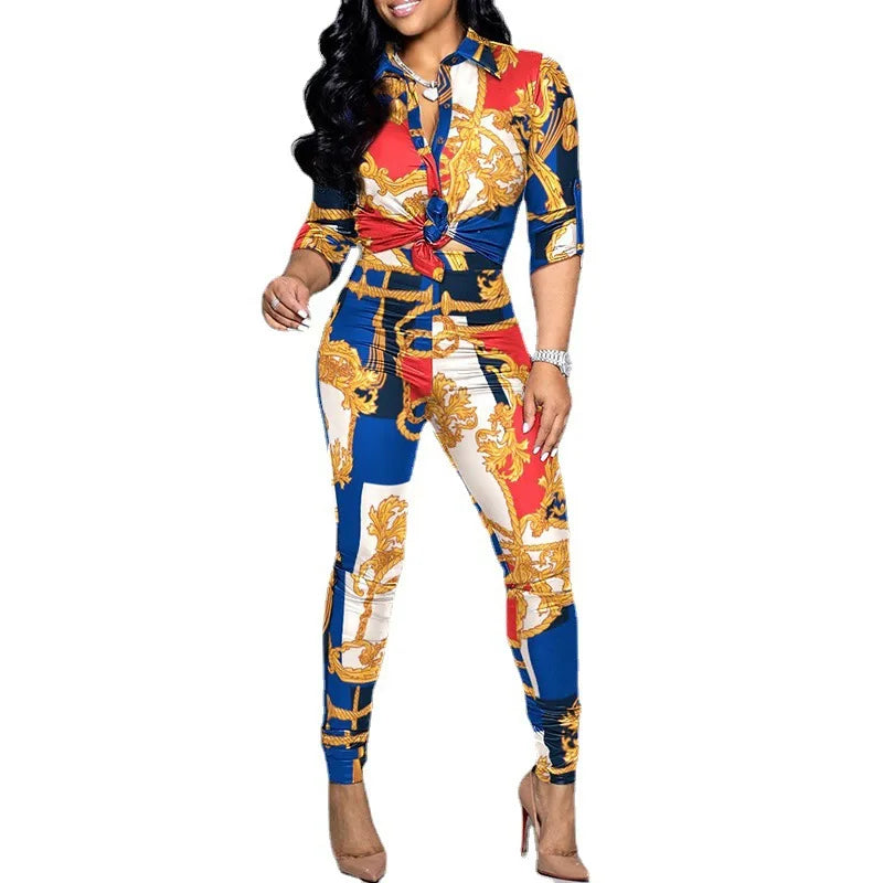 Colorblock Print Two-Piece Set - Casual Suit with Long Sleeve Lapel Shirt and Pants