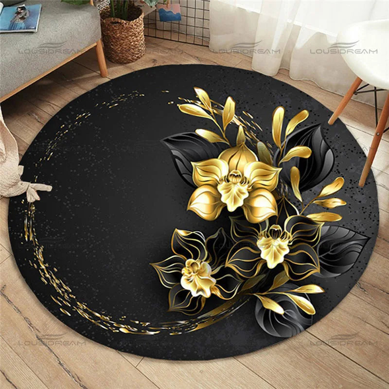 Fashion Round Rose Rug Home Anti-Slip Gold Rose Pattern Floor Mat Children's Bedroom Carpet Living Room Carpet