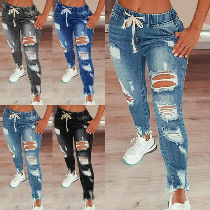 Upgrade Your Style with 2024 Summer High Waist Ripped Jeans for Women - Elastic Drawstring Waist!