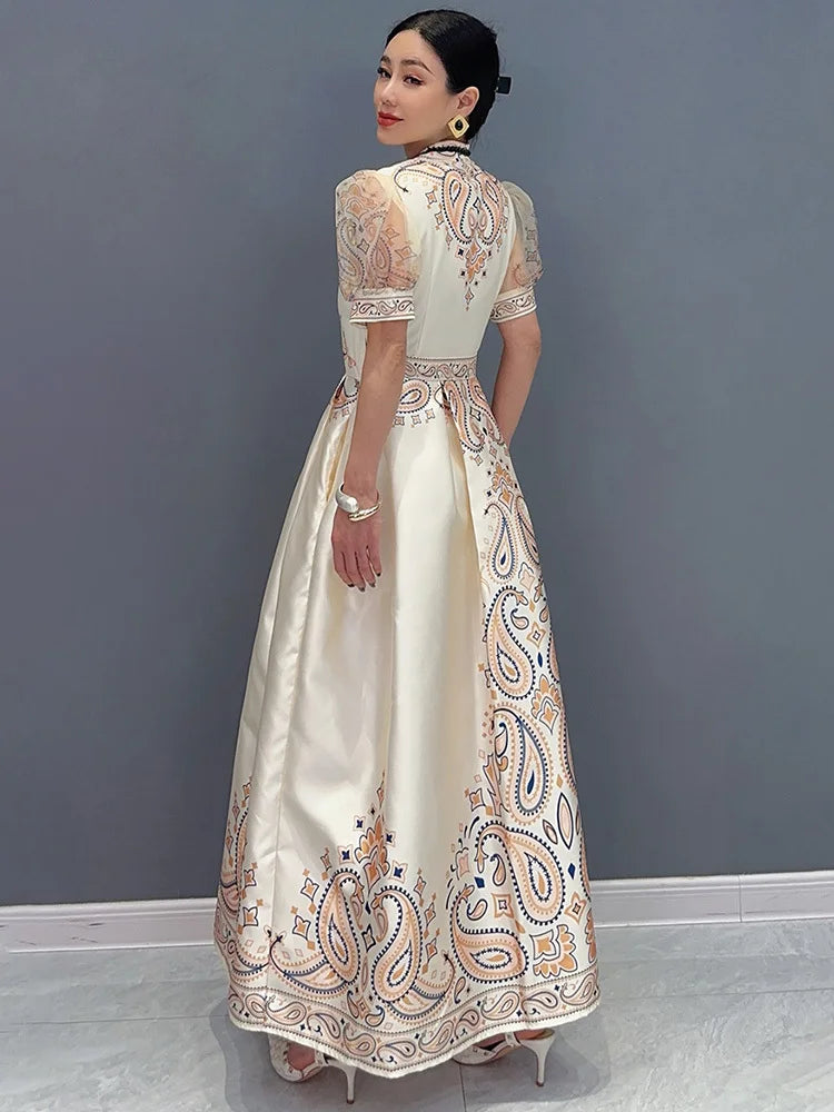 SHENGPALAE Loose Versatile V-neck Printed Long Dress With Bow Tie Irregular Dresses For Women 2024 Summer Trendy Clothes 5C1312