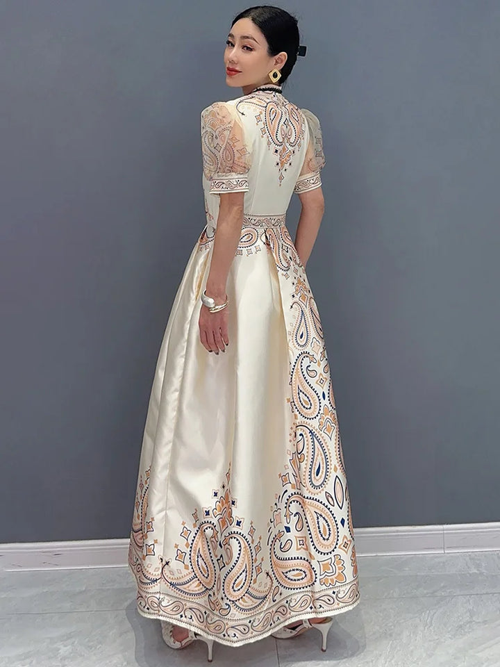 SHENGPALAE Loose Versatile V-neck Printed Long Dress With Bow Tie Irregular Dresses For Women 2024 Summer Trendy Clothes 5C1312