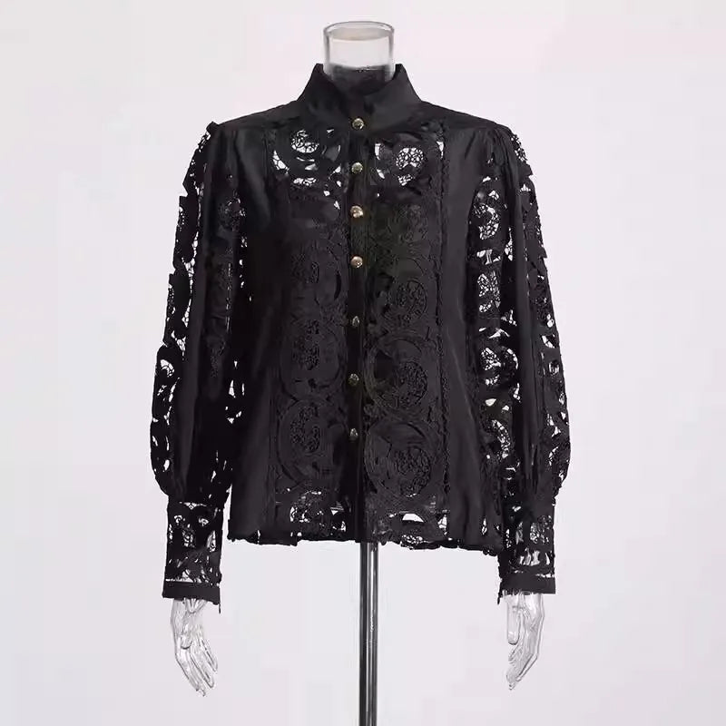 Summer Autumn Flower Embroidery White Lace Two Piece Women Set Shirt Tops And Midi Skirts Suits Fashion Outfits